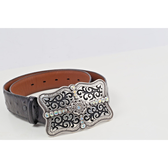 Vintage Black Leather Western Belt Ornate Silver Tone Buckle Size 32 Cowboy - Picture 2 of 16